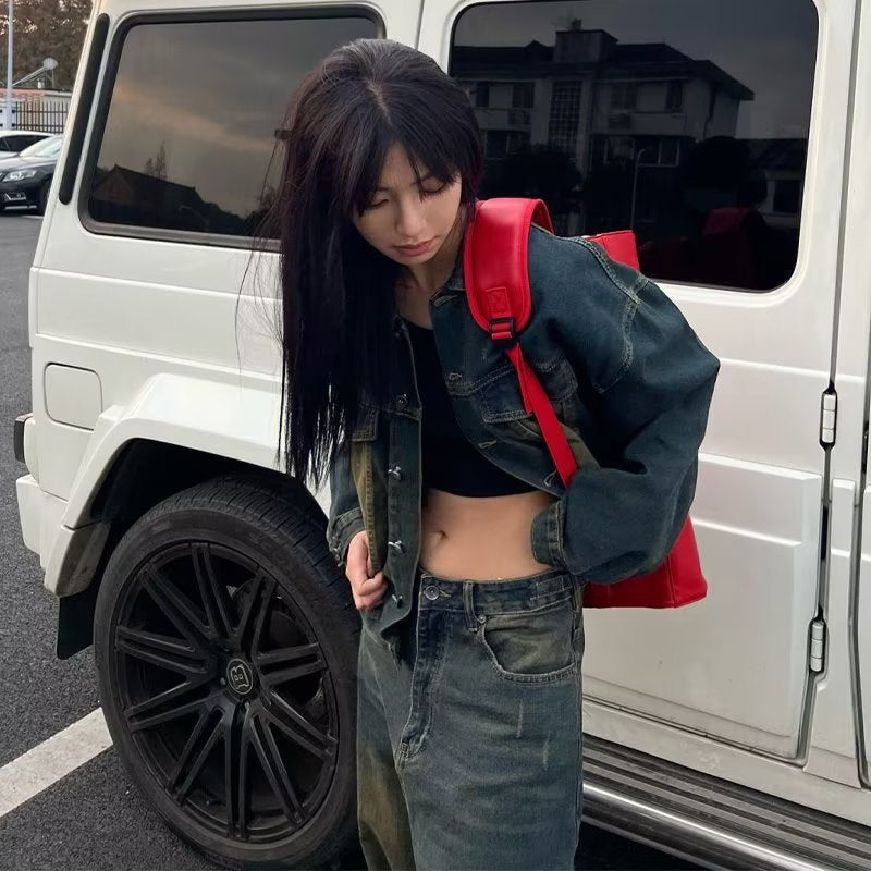 qgtao y2k Spring and Autumn New Jeans Women's American Retro Loose Wide-Leg Pants Denim Casual Fashion Trousers