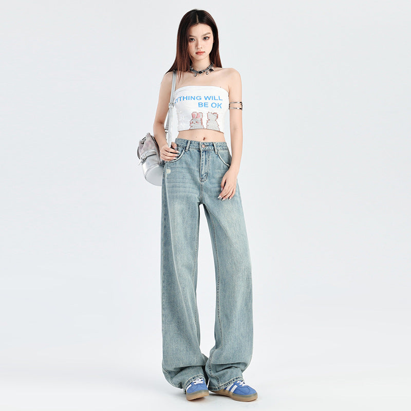2025 Cement gray jeans women's autumn popular new high waist thin ripped straight narrow version mopping small pants
