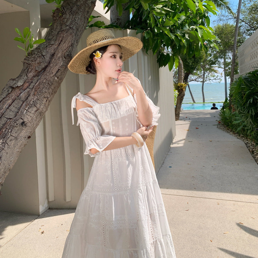 2025 Seaside vacation beach halter dress retro girl embroidered hollow off-the-shoulder suspender white dress women