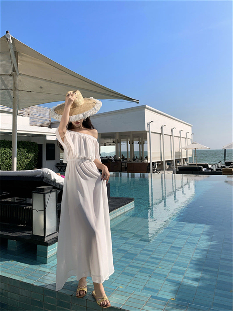 2025 Fairy beautiful one-word shoulder purple beach dress chiffon drape seaside vacation dopamine dress super fairy wear
