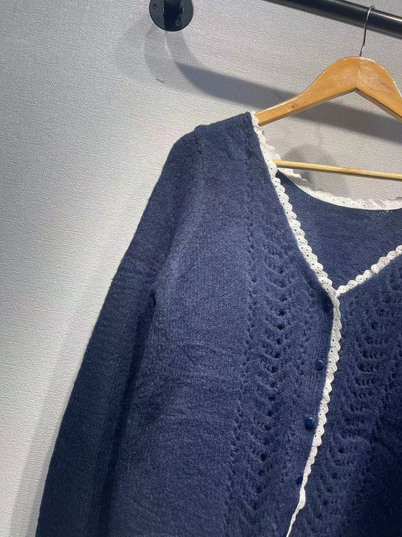 2025 new retro lace V-neck mohair blend long-sleeved knitted cardigan jacket lazy wind sweater jacket