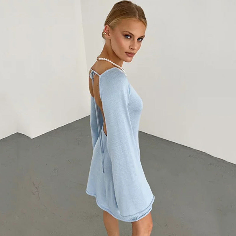 2025 new sexy backless dress for women, New horn sleeves loose beach vacation dress for women