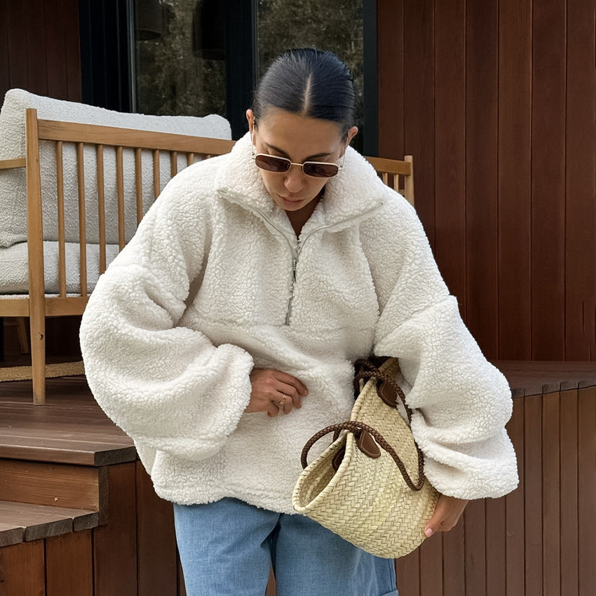 2025 Autumn and winter personalized fashion beige knitted casual lamb wool small stand-up collar lantern sleeve New plush loose sweater women