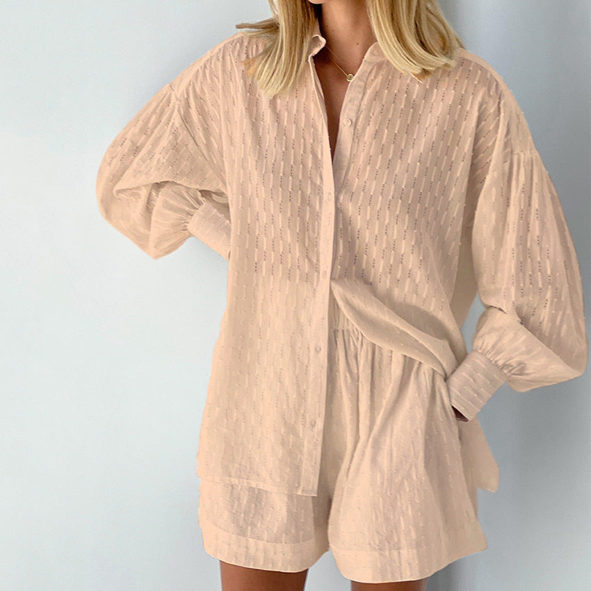 2025 popular Summer Women's Shirts Jacquard Bubble Sleeves Temperament Tops Shorts Commuter Design Casual Suit
