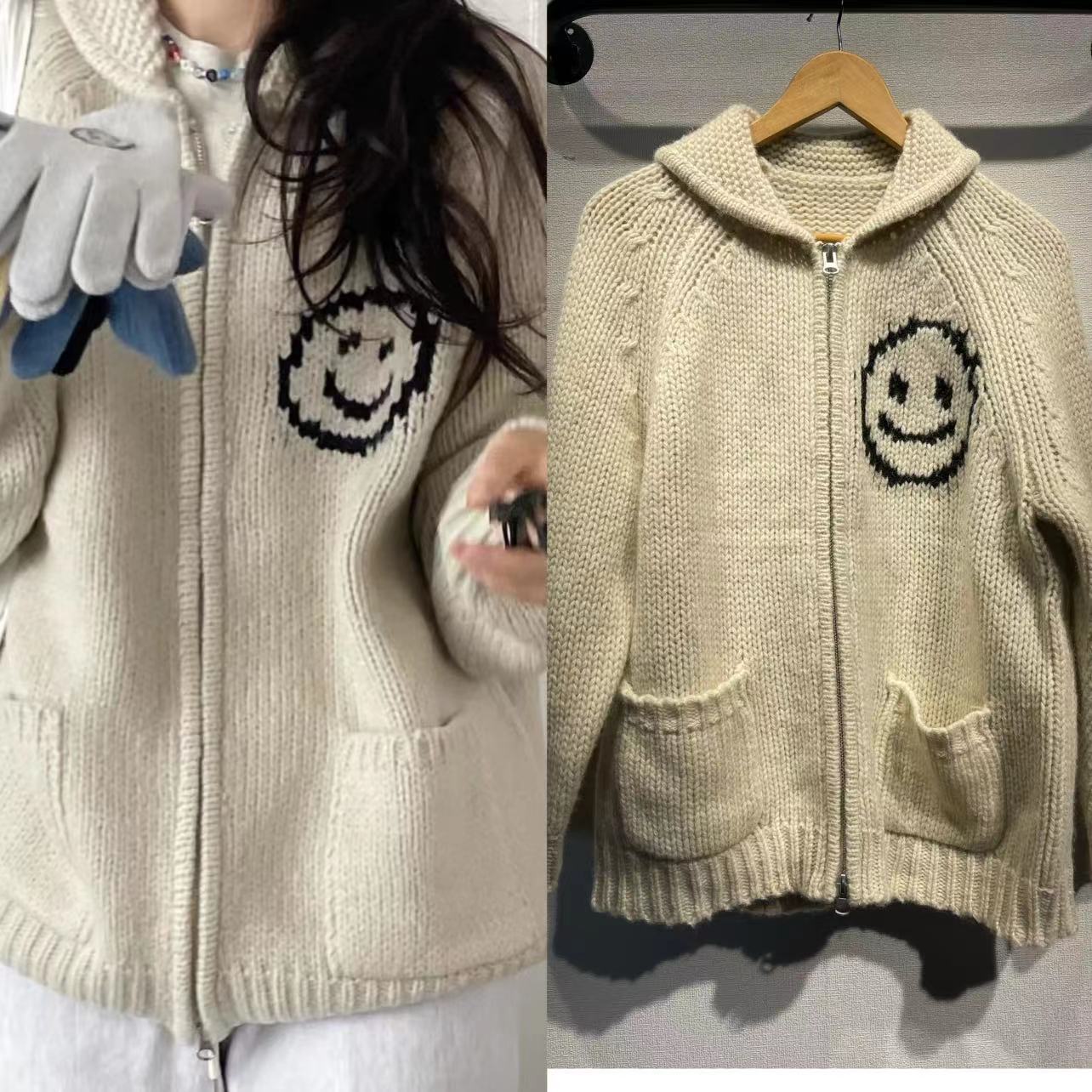2025 Sports and leisure jacket loose high-end college style loose color matching smiley face zipper wool knitted cardigan jacket