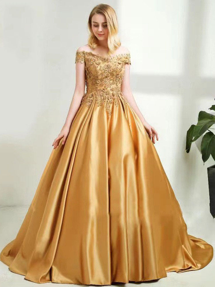 2025Express new applique beaded ball dress one-word shoulder student art exam evening dress
