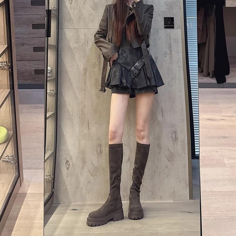 2025 But knee suede boots children thick-soled autumn and winter new thin elastic long tube thin boots flat knight boots