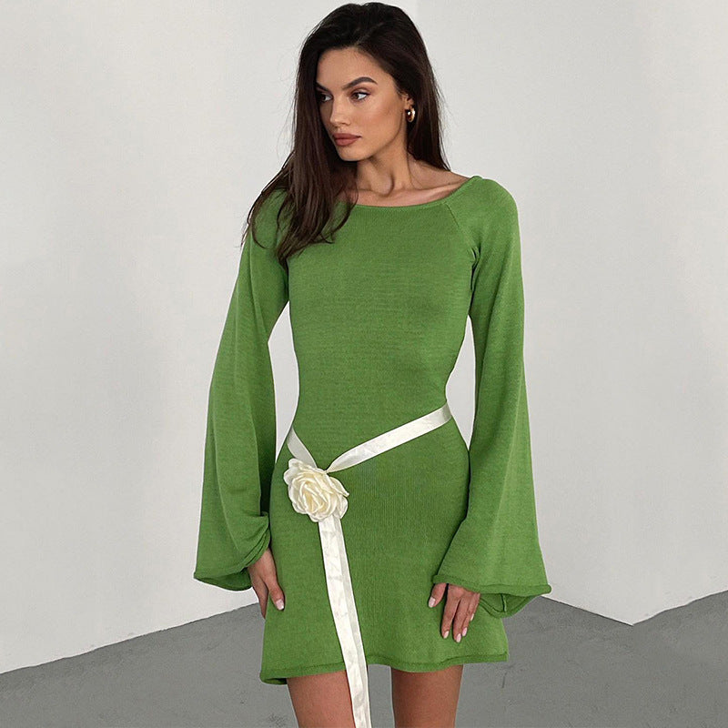 2025 new sexy backless dress for women, New horn sleeves loose beach vacation dress for women