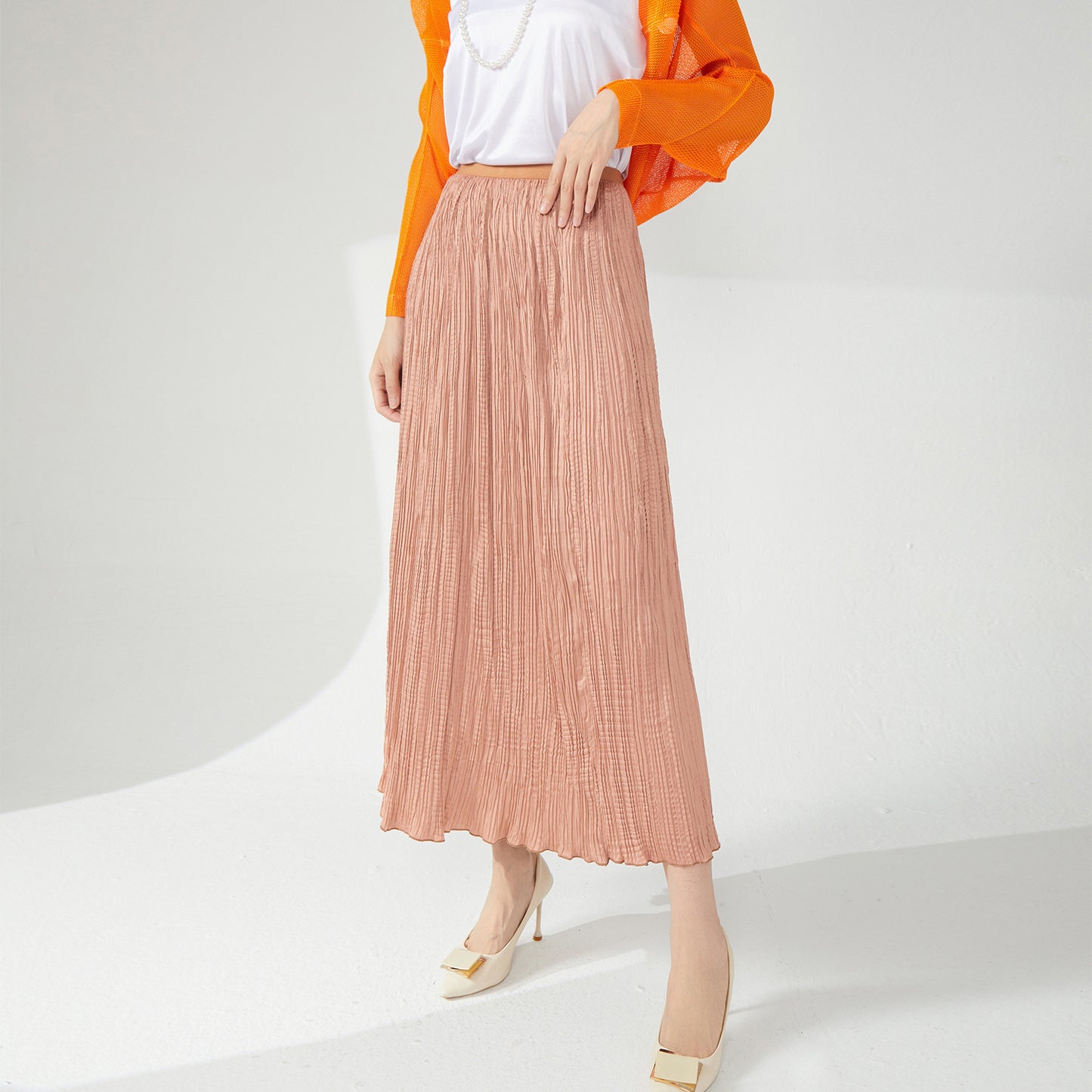 style skirt women's new fashion ins trendy solid color simple and versatile pleated medium and long straight skirt