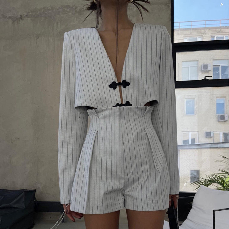 qgtao dti outfits 2024 Spring Women's Clothing New Chinese Style Niche Long Sleeve Deep V Top Coat High Waist Shorts Striped Suit
