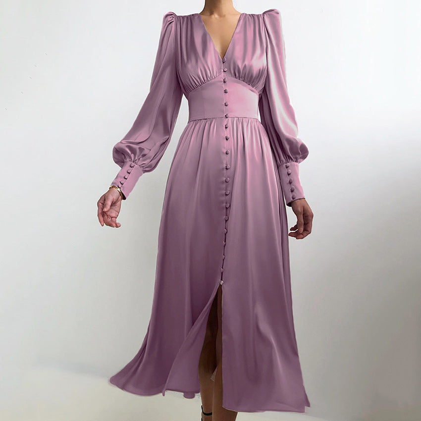 qgtao pop culture dress to impress 2024 Autumn and Winter Women's Long Dress V-neck Satin Court Waist-Tight Retro Dress Women