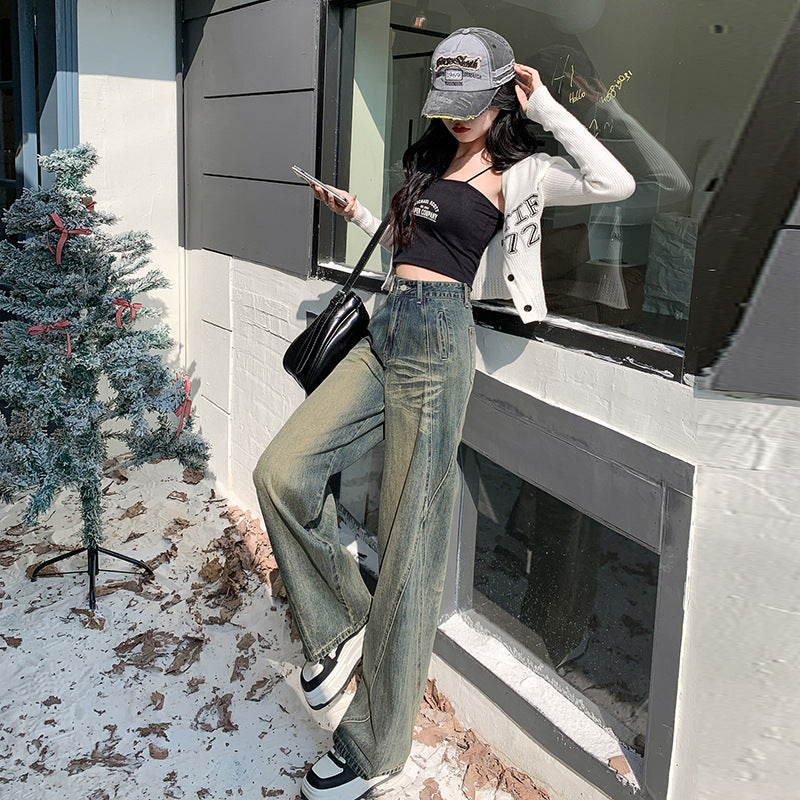 2025 Salt fried street pants nostalgic blue jeans women's high waist and thin design sense small wide leg floor pants