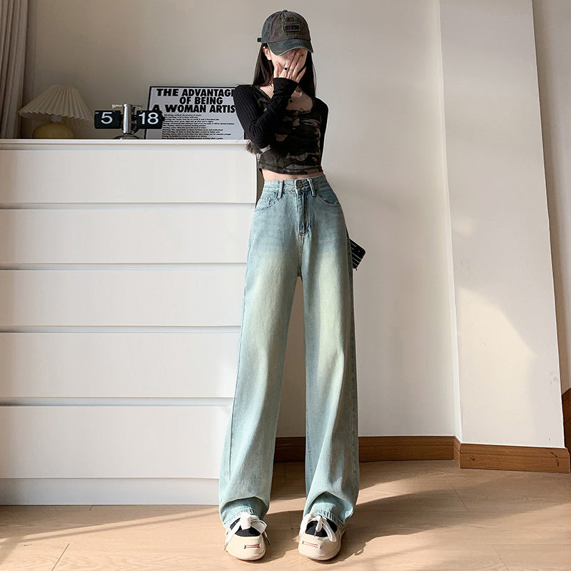 2025 Light-colored jeans women's spring and autumn popular new high-waisted loose straight-leg small narrow version mopping wide-leg pants