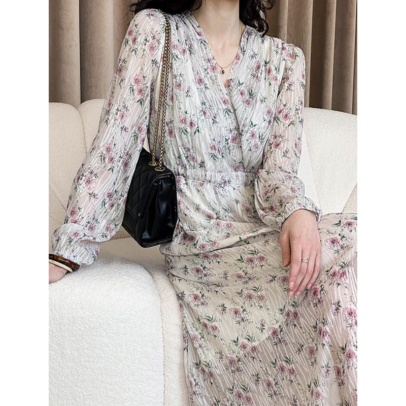 2025 2025 spring new Korean loose V-neck drawstring waist design long floral dress 2303