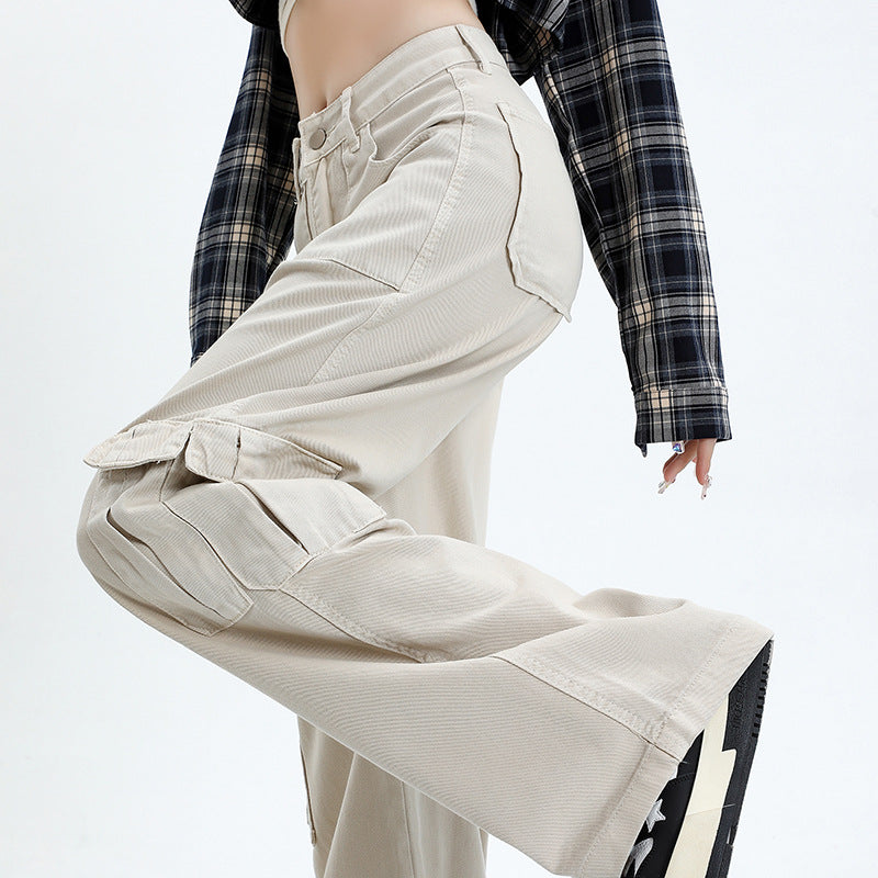 2025 Apricot n tooling multi-pocket jeans women's spring and summer popular new high-waisted loose straight wide-leg pants