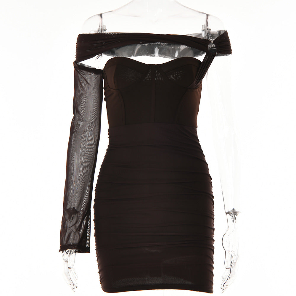2025 New women's clothing sexy single rotator sleeve tight dress fashionable new backless tube top waist short skirt autumn