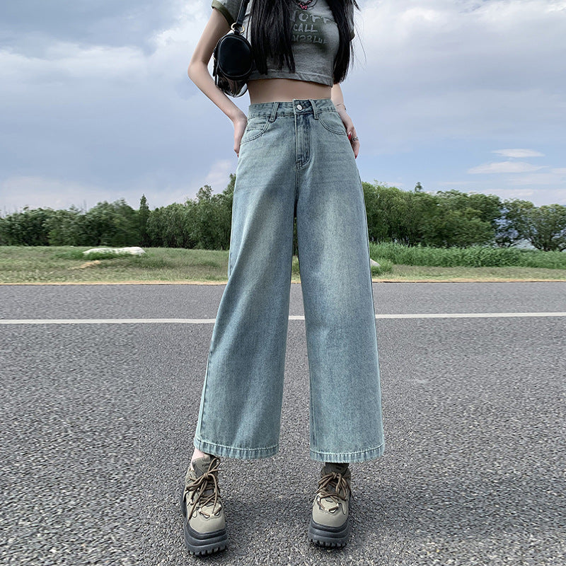 2025 Sand white jeans women's new high-waisted and thin loose-legged small nine-point banana pants in the summer of popular