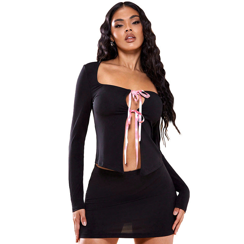 qgtao 2000s fashion Women's Spring New round Neck Trapezoidal Collar Long Sleeve Bow Tied Rope Cardigan T-shirt Top