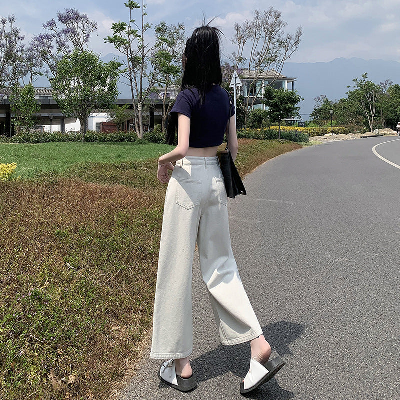 2025 Sand white jeans women's new high-waisted and thin loose-legged small nine-point banana pants in the summer of popular