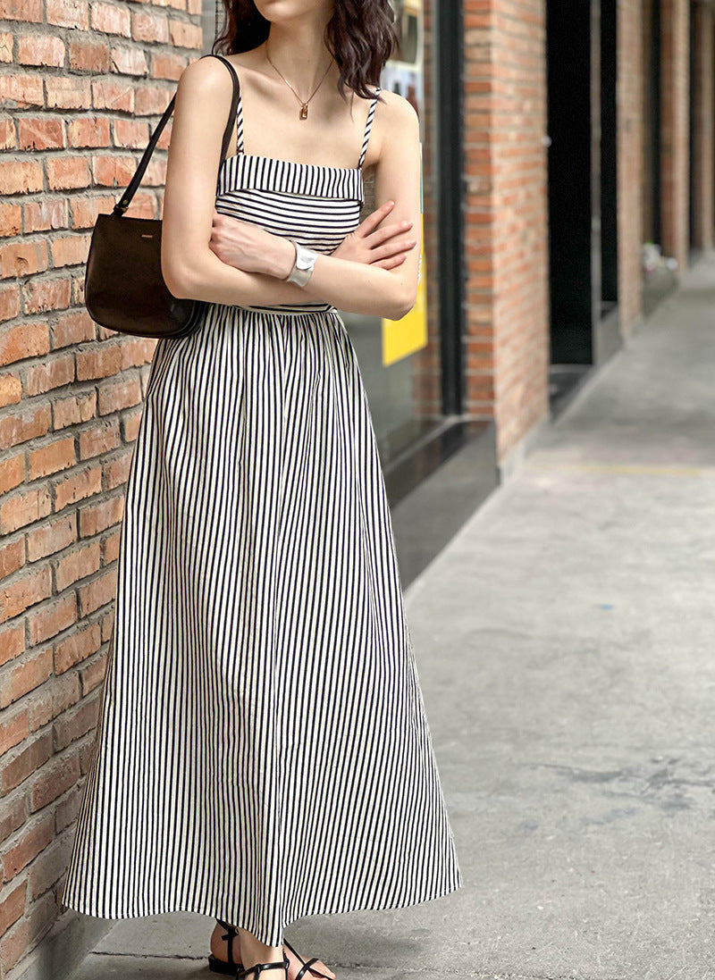2025 popular summer new dress women's black and white striped temperament waist thin tube top sleeveless long dress 1601