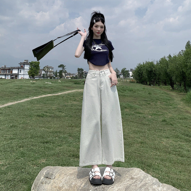 2025 Sand white jeans women's new high-waisted and thin loose-legged small nine-point banana pants in the summer of popular