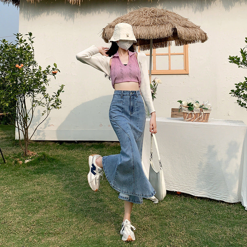 2025 Blue split-ended denim skirt women's popular new high-waisted and thin Spice Girl fishtail medium and long hip-wrapped skirt