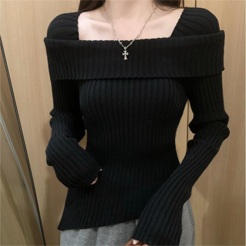 qgtao 2000s fashion 2024 Spring Long-Sleeved off-Shoulder Sweater Top Women's Irregular Slim-Fit Short Split Bottoming Sweater