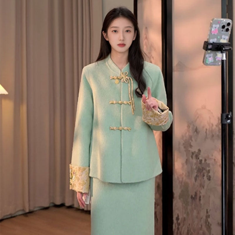 Winter new national style cuffs high-end embroidery fashion temperament national style jacket skirt set women MY110