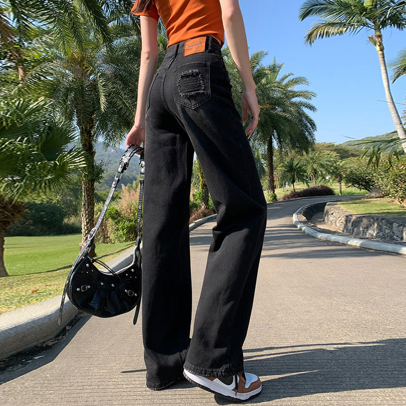 2025 Light blue retro blue black ripped jeans women's high waist and thin design sense straight narrow version loose wide-leg pants