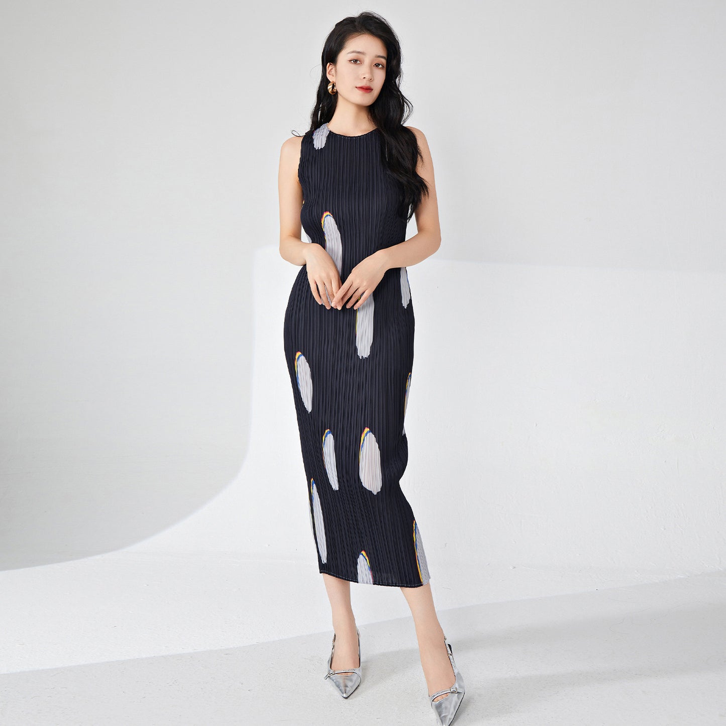 counter dress women's summer high-quality temperament printed sleeveless long elegant one-step hip-wrap skirt