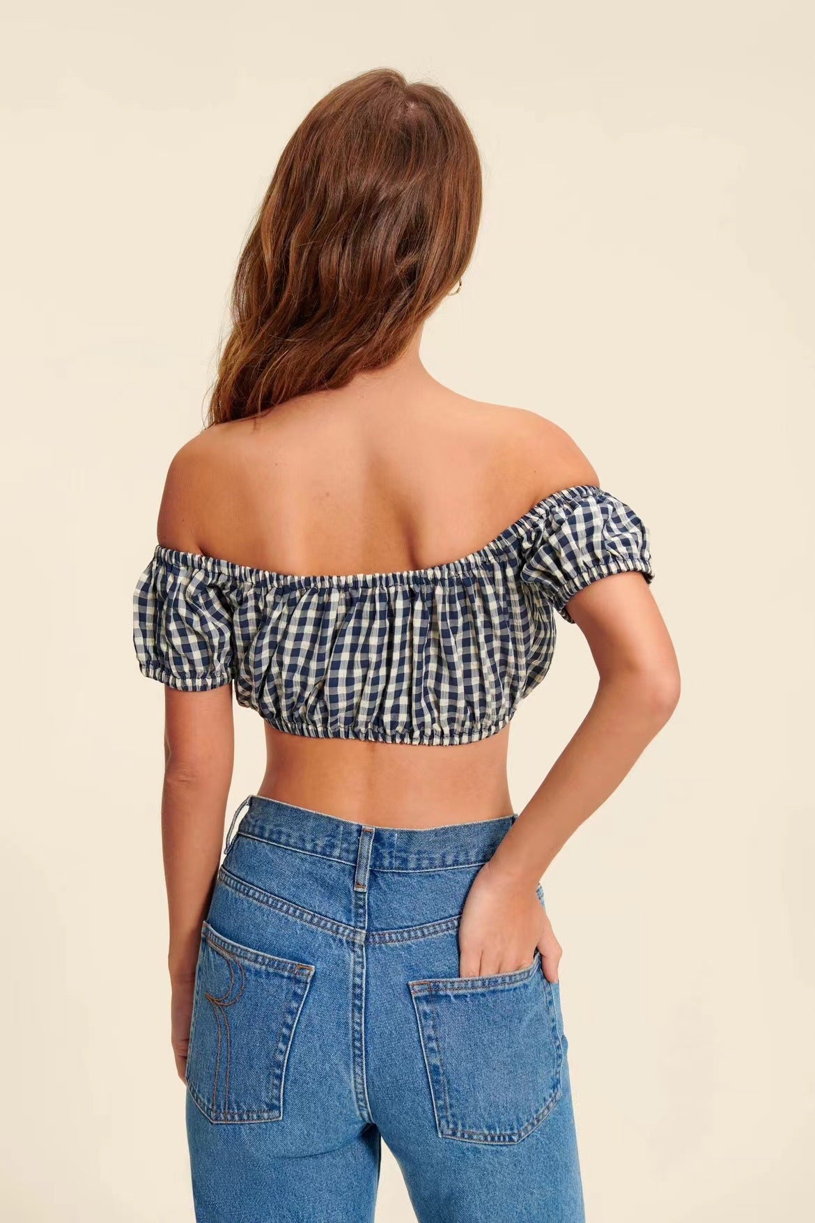 2025 Summer new one-word shoulder tube top T-shirt black and white checkered top short-sleeved women's clothing