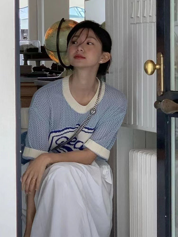 2025 Fever same knitted short-sleeved t-shirt women's blue hollowed-out knitted letter jacquard short-sleeved top sweater short-sleeved women