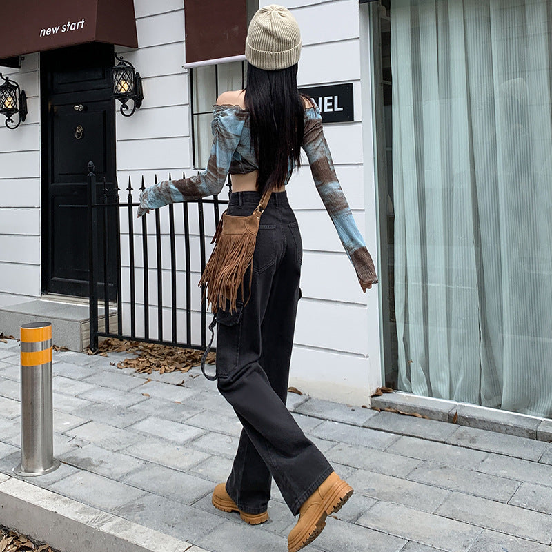2025 n high street retro overalls jeans women's summer high waist loose wide leg casual pants straight pants long pants