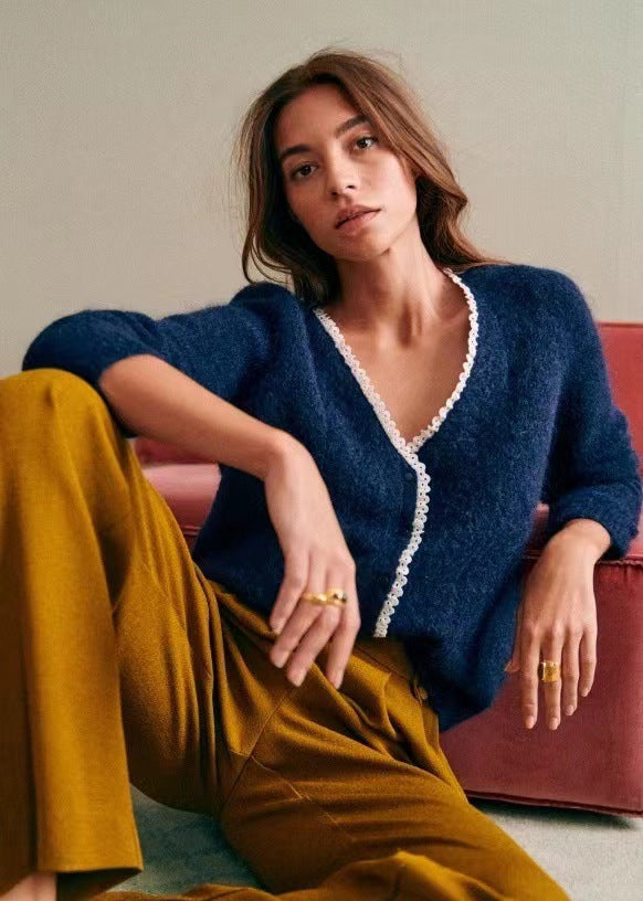 2025 new retro lace V-neck mohair blend long-sleeved knitted cardigan jacket lazy wind sweater jacket