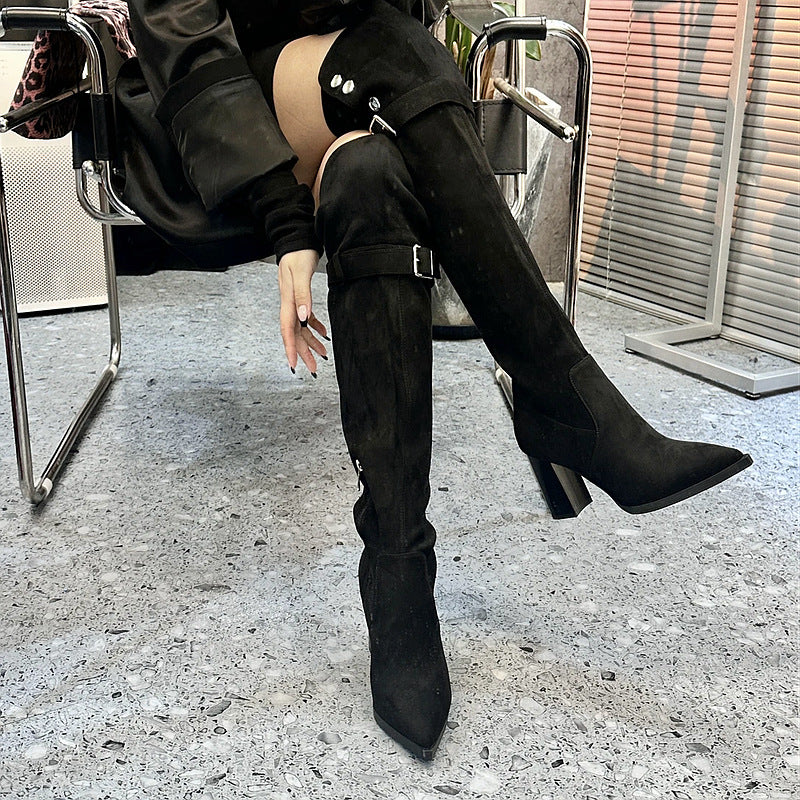2025 Pointed high-heeled boots women's boots popular winter new two wear thick heel knee boots show thin temperament thin boots