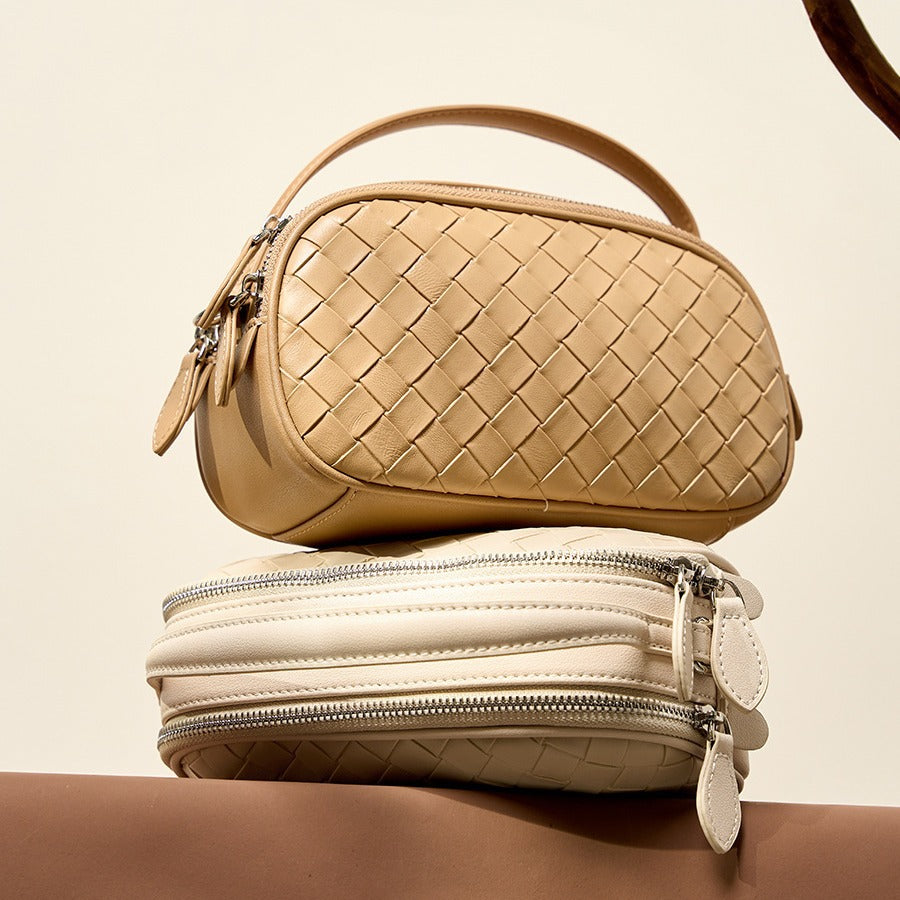 2025 Fashion woven versatile women's bag leather double zipper shoulder bag summer new portable casual bag