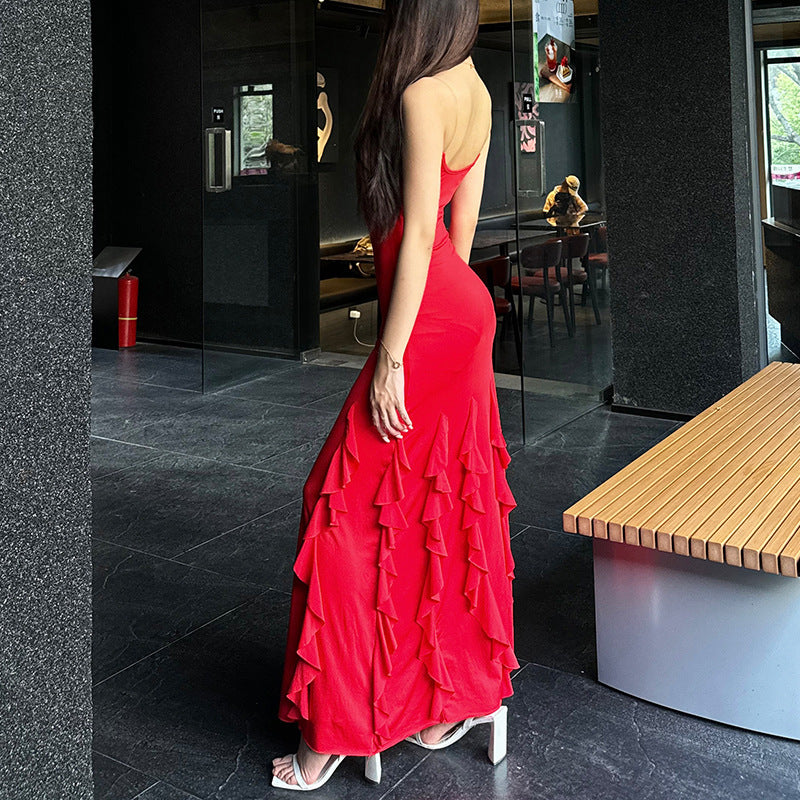 2025 style spring new women's clothing red slim-fitting long dress high split fork thin shoulder strap design dress