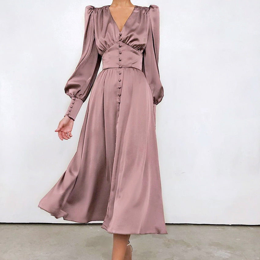 qgtao pop culture dress to impress 2024 Autumn and Winter Women's Long Dress V-neck Satin Court Waist-Tight Retro Dress Women