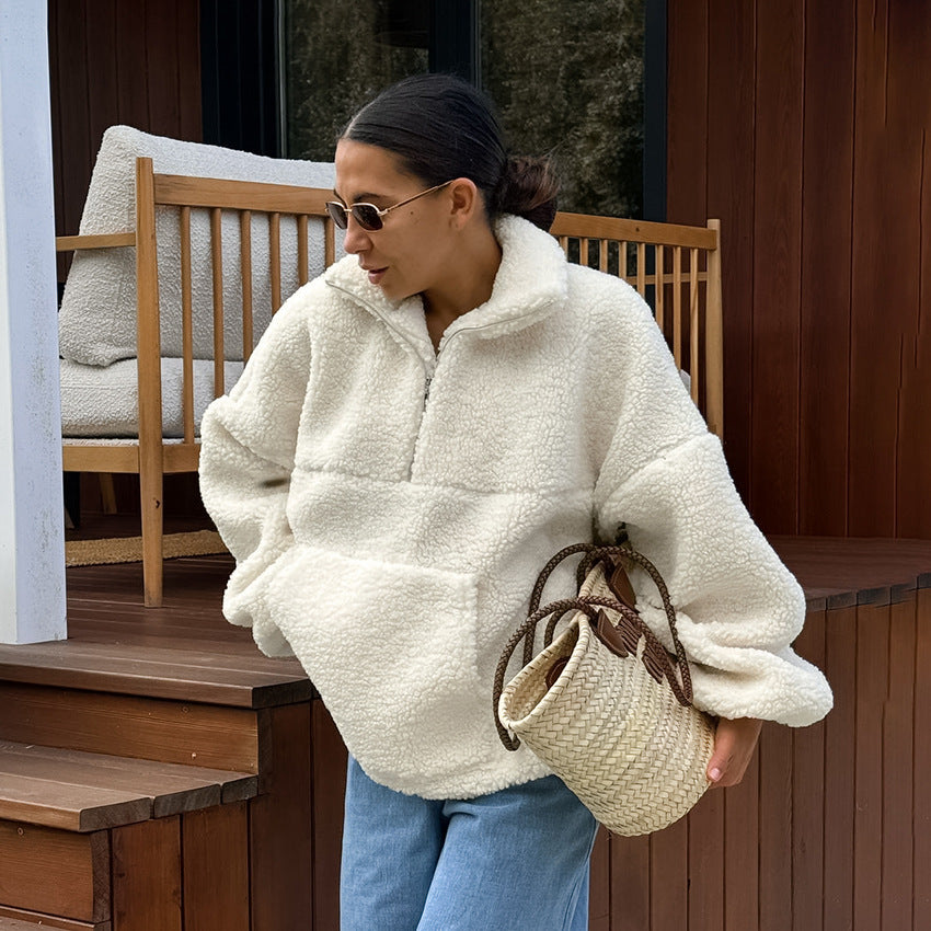 2025 Autumn and winter personalized fashion beige knitted casual lamb wool small stand-up collar lantern sleeve New plush loose sweater women
