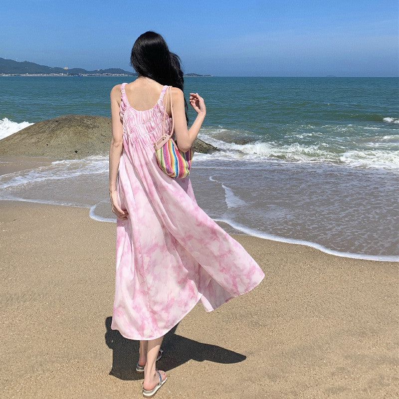 2025 Pink ink smudge printing suspender dress women's summer long and thin high-end seaside vacation skirt