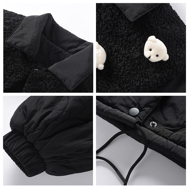 Three-dimensional bear rhombus down cotton-padded clothes for women's  new small winter coat fur collar thickened cotton-padded clothes