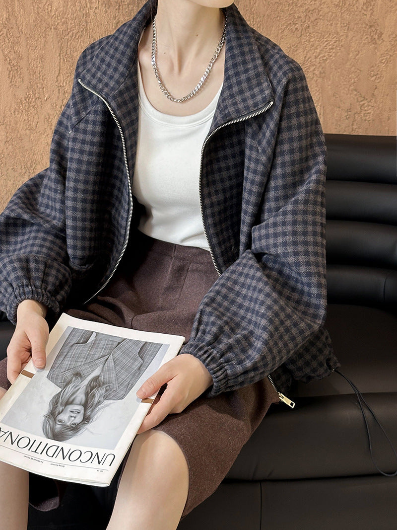 2025 popular autumn new top Korean version retro stand-up collar plaid loose and thin versatile jacket 807-5