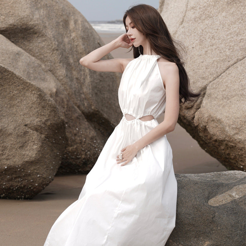 2025 White waist hollow neck sling skirt women's summer new seaside vacation fairy sleeveless dress
