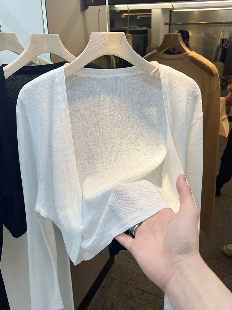 White short ice silk knitted cardigan women's thin 2025 summer suspender skirt with tulle jacket outside, air-conditioned blouse