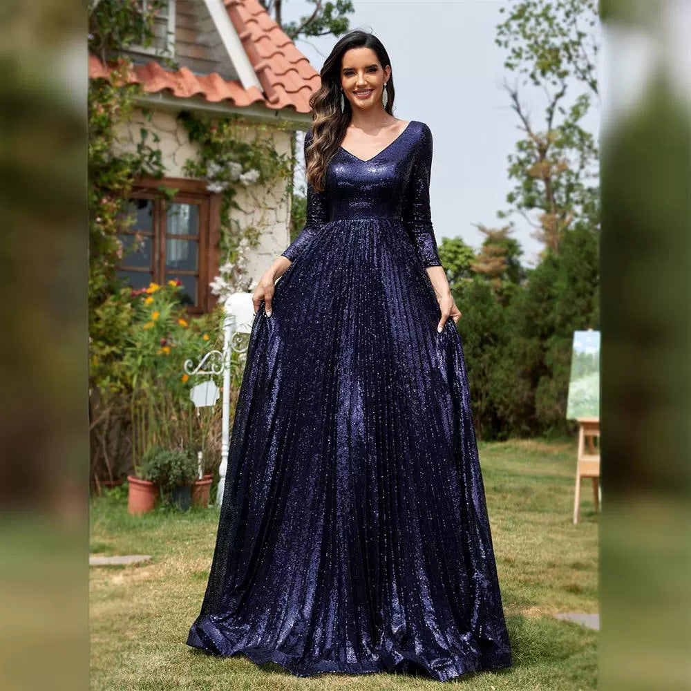 2025dresses new elegant sequins V-neck long sleeves fashion trend banquet dresses factory supply