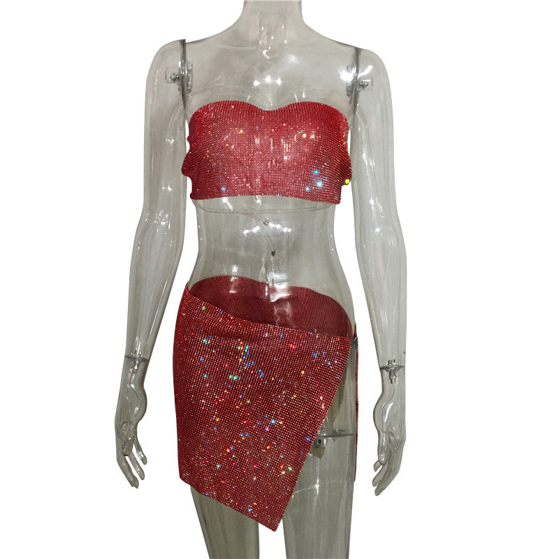 qgtao dti outfits Fashion Nightclub Women's Personalized Rhinestone Metal Tube Top Skirt Suit Hot Girl Flash Diamond Top