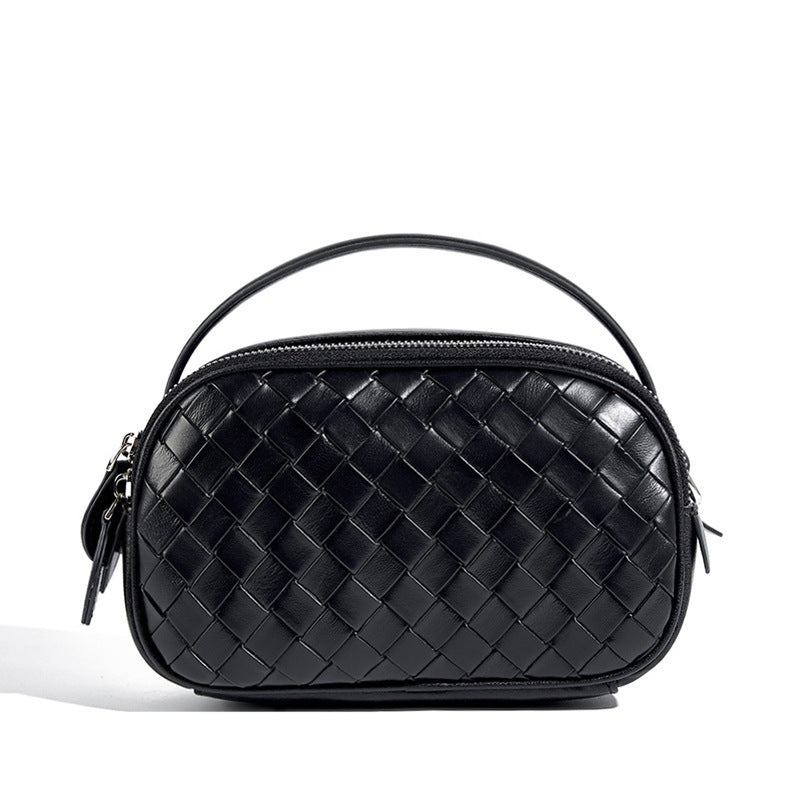 2025 Fashion woven versatile women's bag leather double zipper shoulder bag summer new portable casual bag