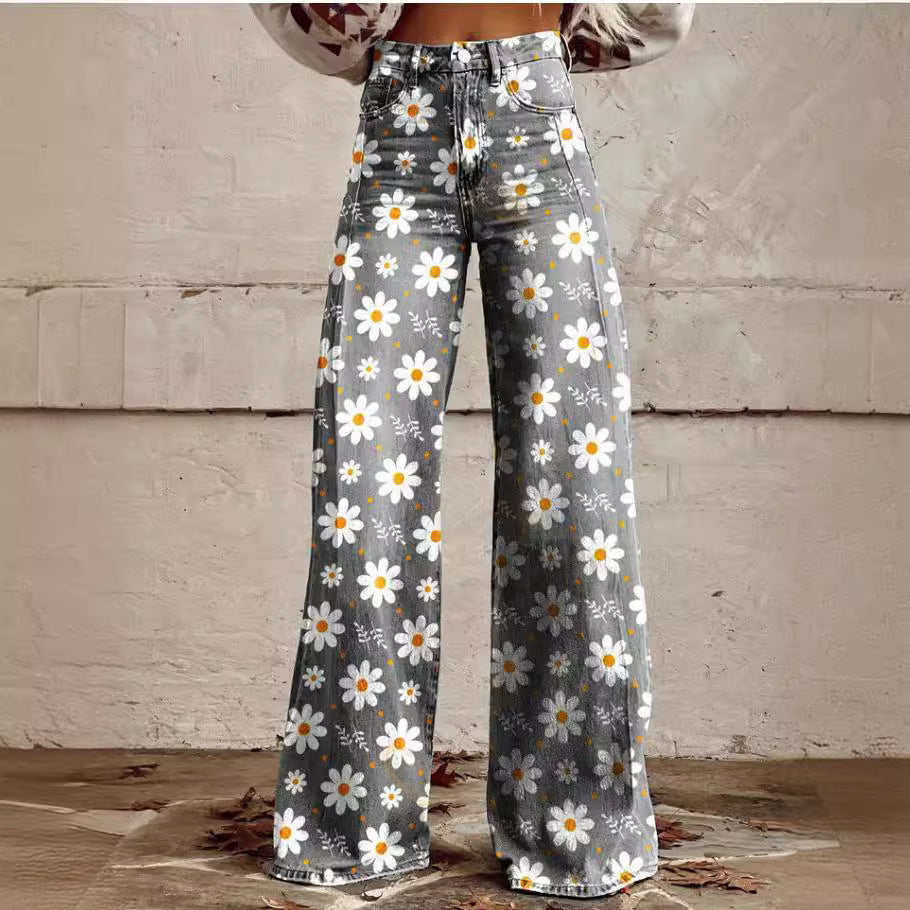 qgtao pants Rainbow Women's Wide-Leg Pants New Thermal Transfer plus Size Flared Pants Women's Trousers