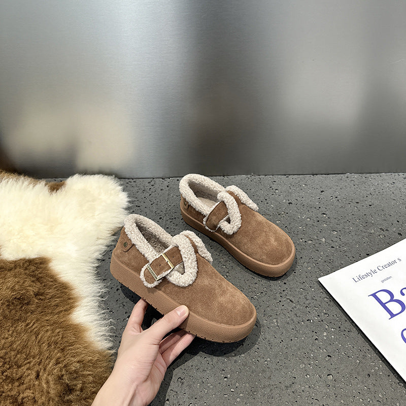 2025 Leather Birkenstocks women's autumn and winter velvet Mori retro one-pedal lamb wool shoes women wear flat cotton shoes in winter