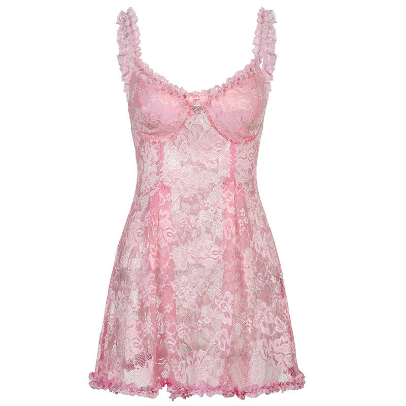 qgtao dti outfits Sexy Lace Transparent Lace Strap Dress Style V-neck Backless Slimming Girl's Hot Girl Nightdress